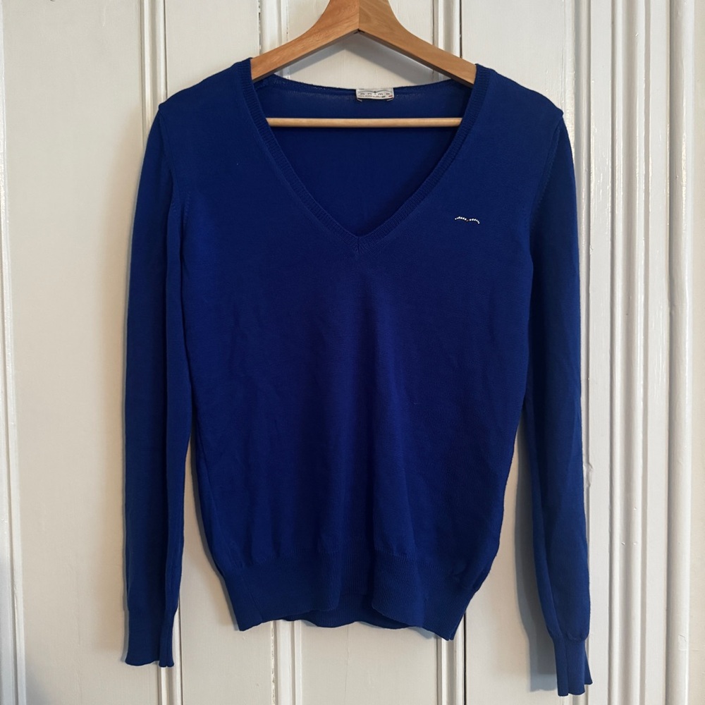 Animo Blue Merino‎ Wool Equestrian V-Neck Sweater
